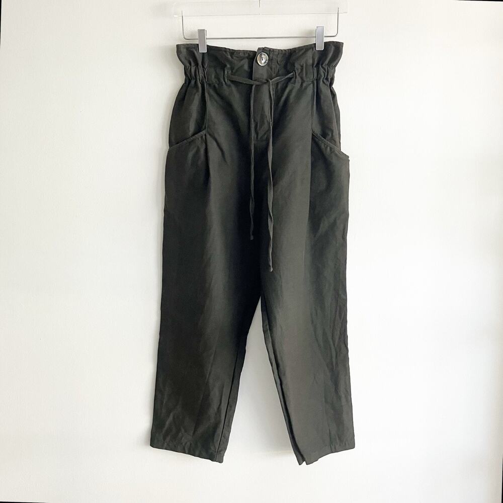 Zara M Medium Paperbag Waist Pants Tie Pockets Dark Gray Brown Casual